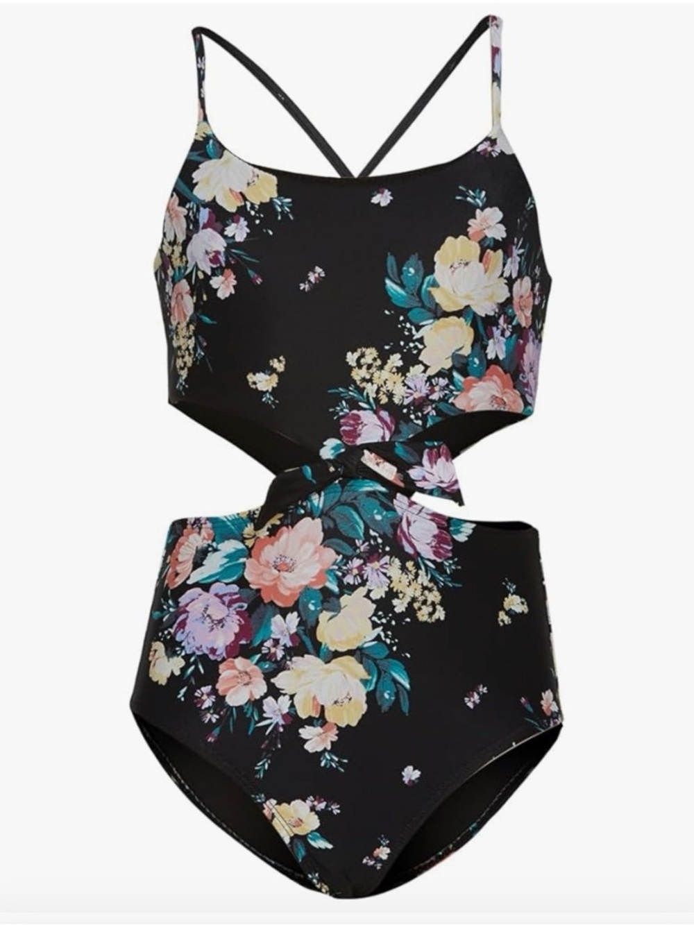 Black Floral Cutout Girls' One-Piece Swimsuit